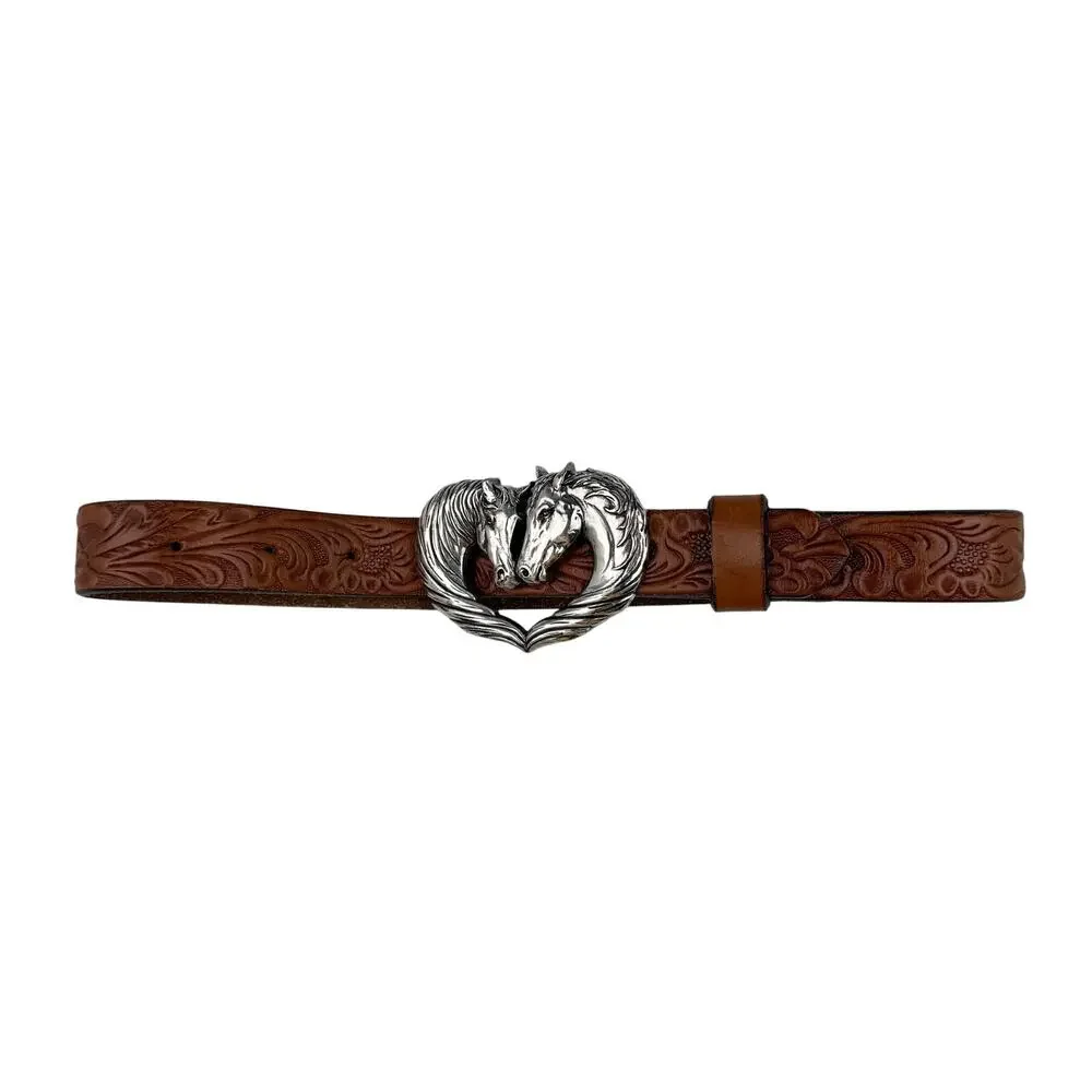 Vtg Justin Tooled Leather Horse Buckle Western Equestrian Belt Girls Size 20 USA